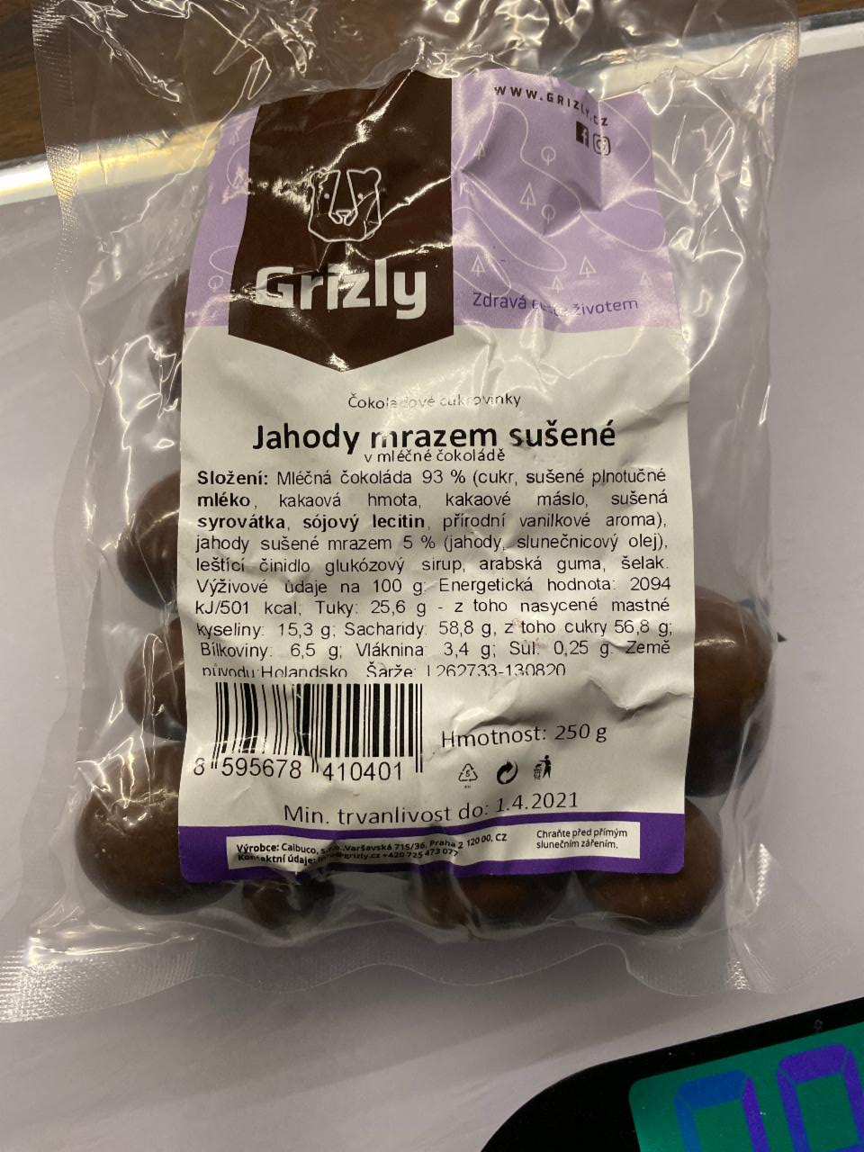 Grizly Jahody mrazem sušené v mliečnej čokoláde kalórie kJ a