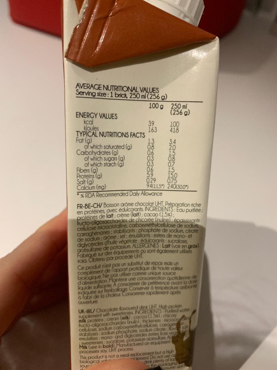 High protein drink chocolate kalórie kJ a nutričné hodnoty