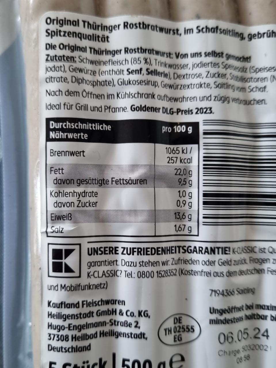 Original Thüringer Rostbratwurst K Classic kalórie kJ a nutričné