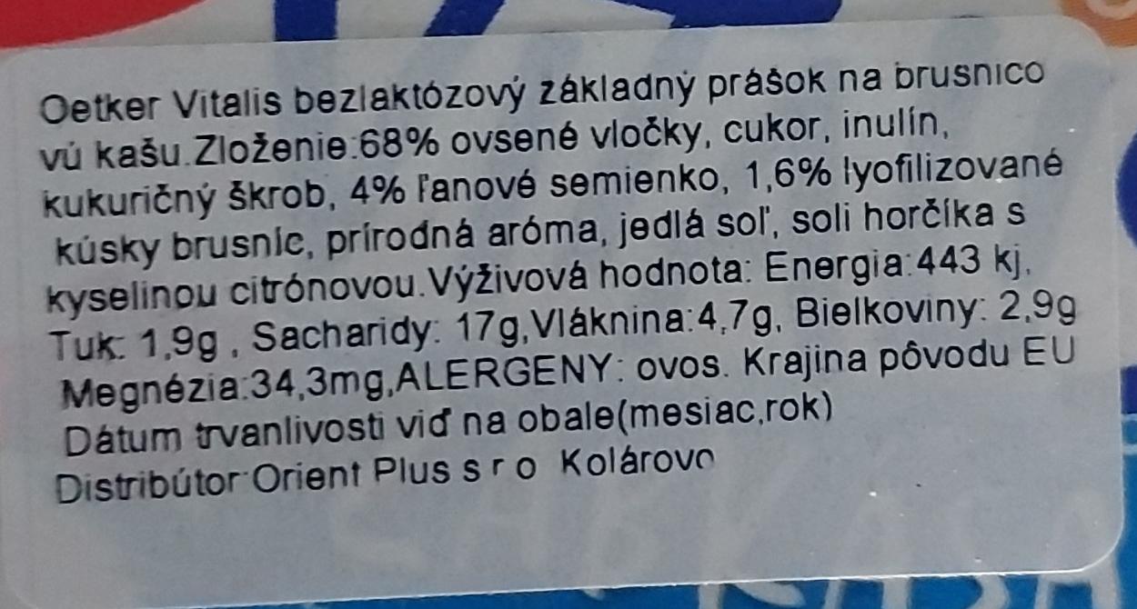 Vitalis Zabkása Vörös áfonyás Dr Oetker kalórie kJ a nutričné