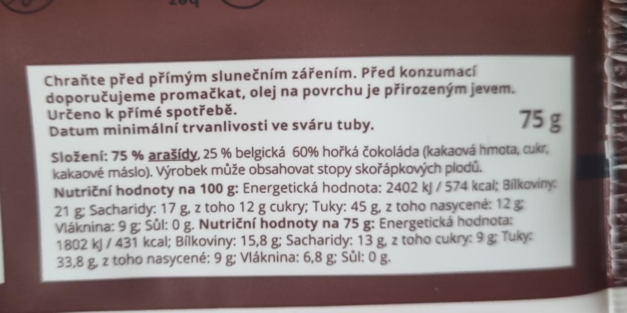 Arašídový krém s belgickou čokoládou Grizly kalórie kJ a nutričné