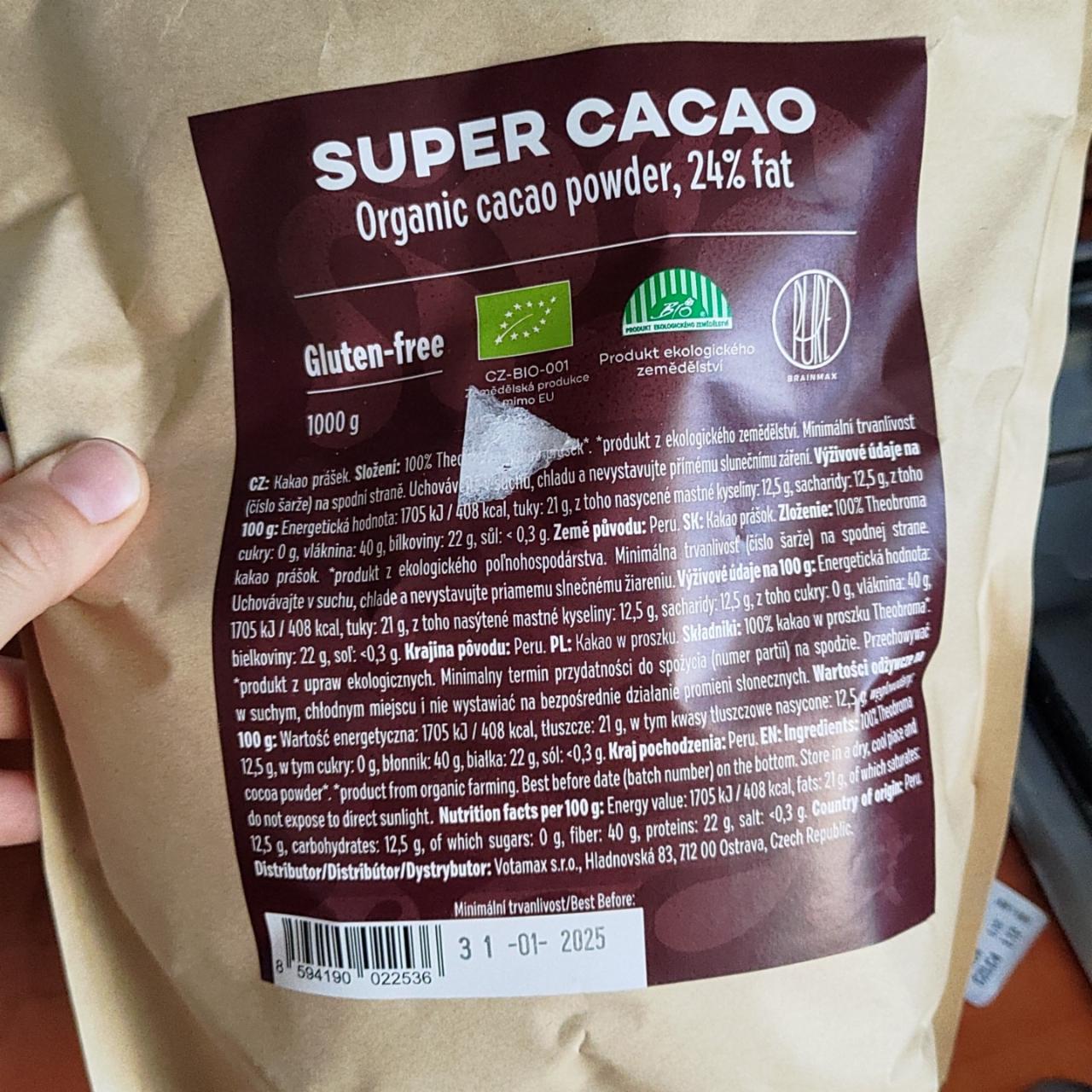 Fotografie - Pure Organic Super Cacao 24% fat BrainMax