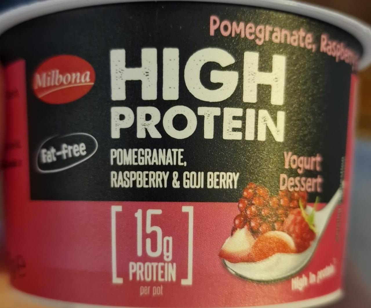 Fotografie - High Protein yogurt dessert pomegranate, raspberry & goji berry Milbona