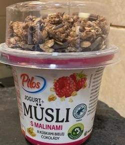 Fotografie - Jogurt + Müsli s malinami a kúskami bielej čokolády Pilos