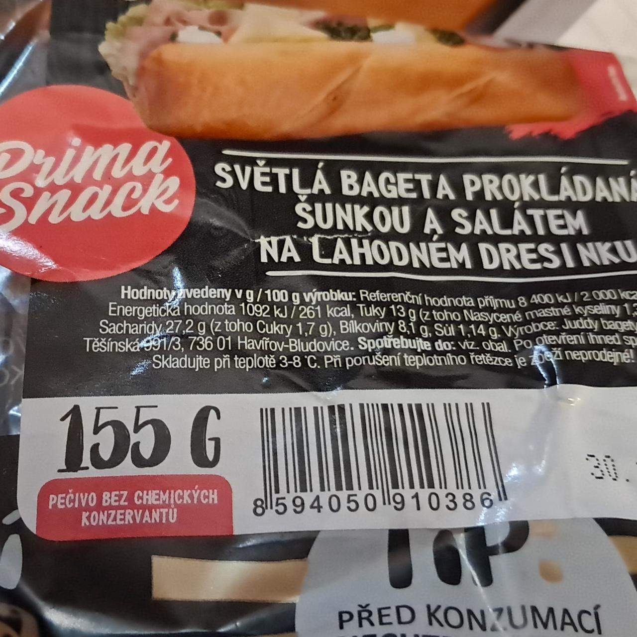 Fotografie - Světlá bageta prokládaná šunkou a salátem na lahodném dresinku Prima snack