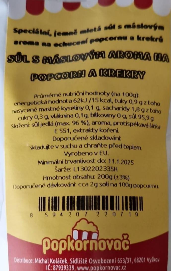 Fotografie - Sůl s máslovým aroma na popcorn a krekry Popkornovač