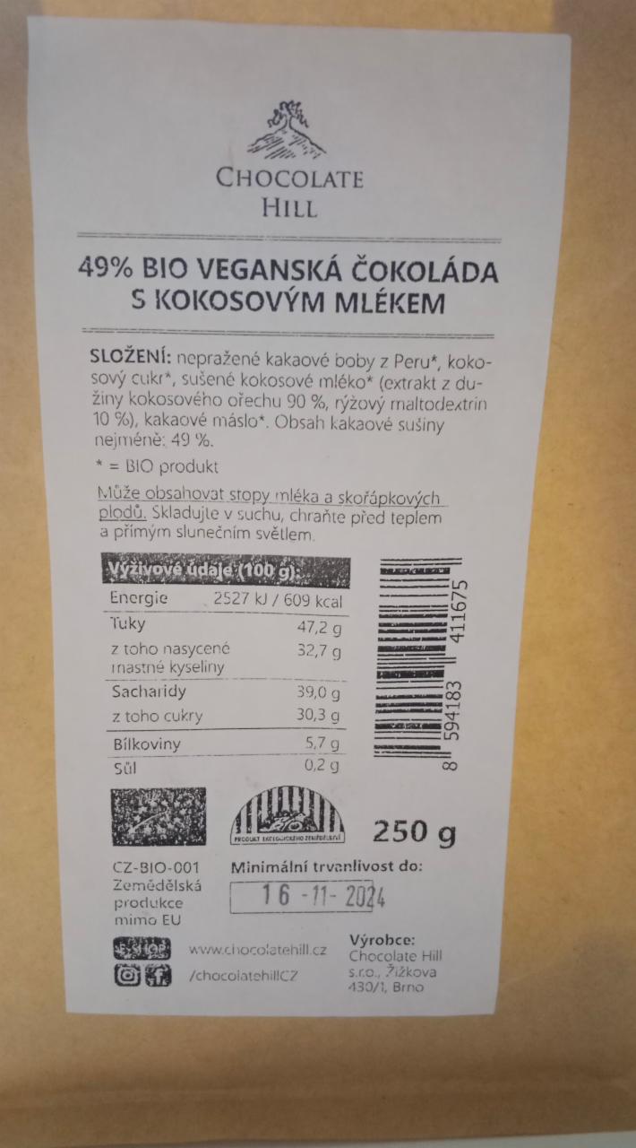 Fotografie - 49% BIO veganská čokoláda s kokosovým mlékem Chocolate Hill