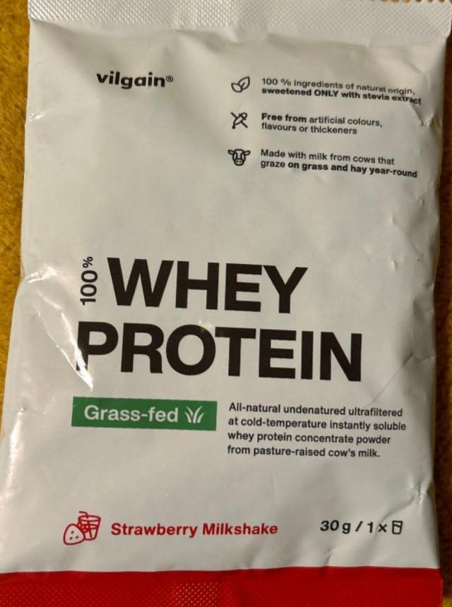 Fotografie - 100% whey protein grass-fed strawberry milkshake Vilgain