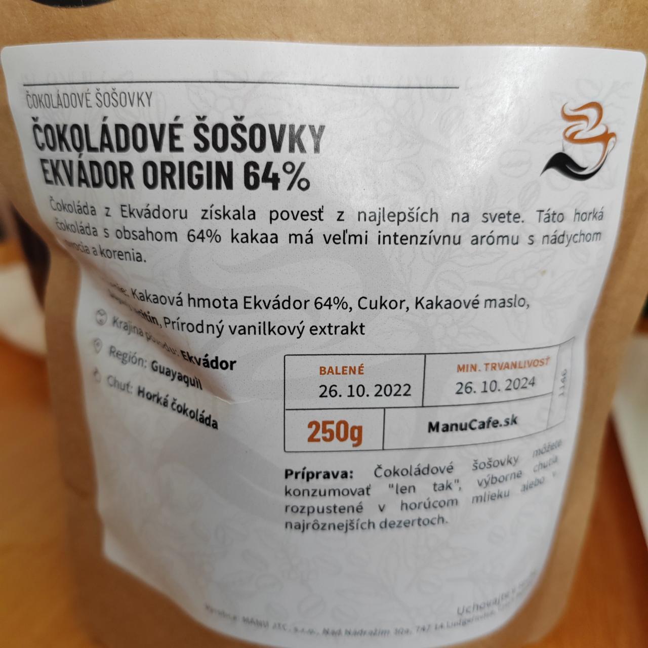 Fotografie - Čokoládové šošovky ekvádor origin 64% ManuCafe