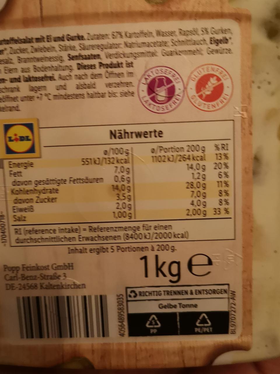 Pellkartoffelsalat Klassisch mit Ei und Gurke Chef Select - kalórie, kJ ...