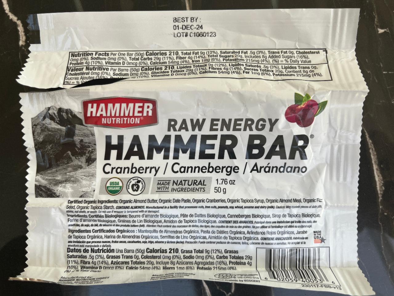 Fotografie - Hammer Bar raw energy cranberry Hammer Nutrition