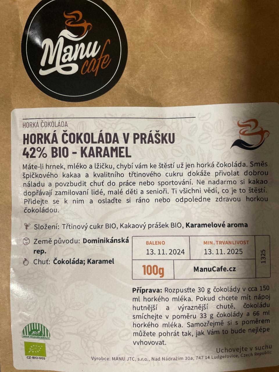 Fotografie - Horká čokoláda v prášku 42% Bio-Karamel ManuCafe