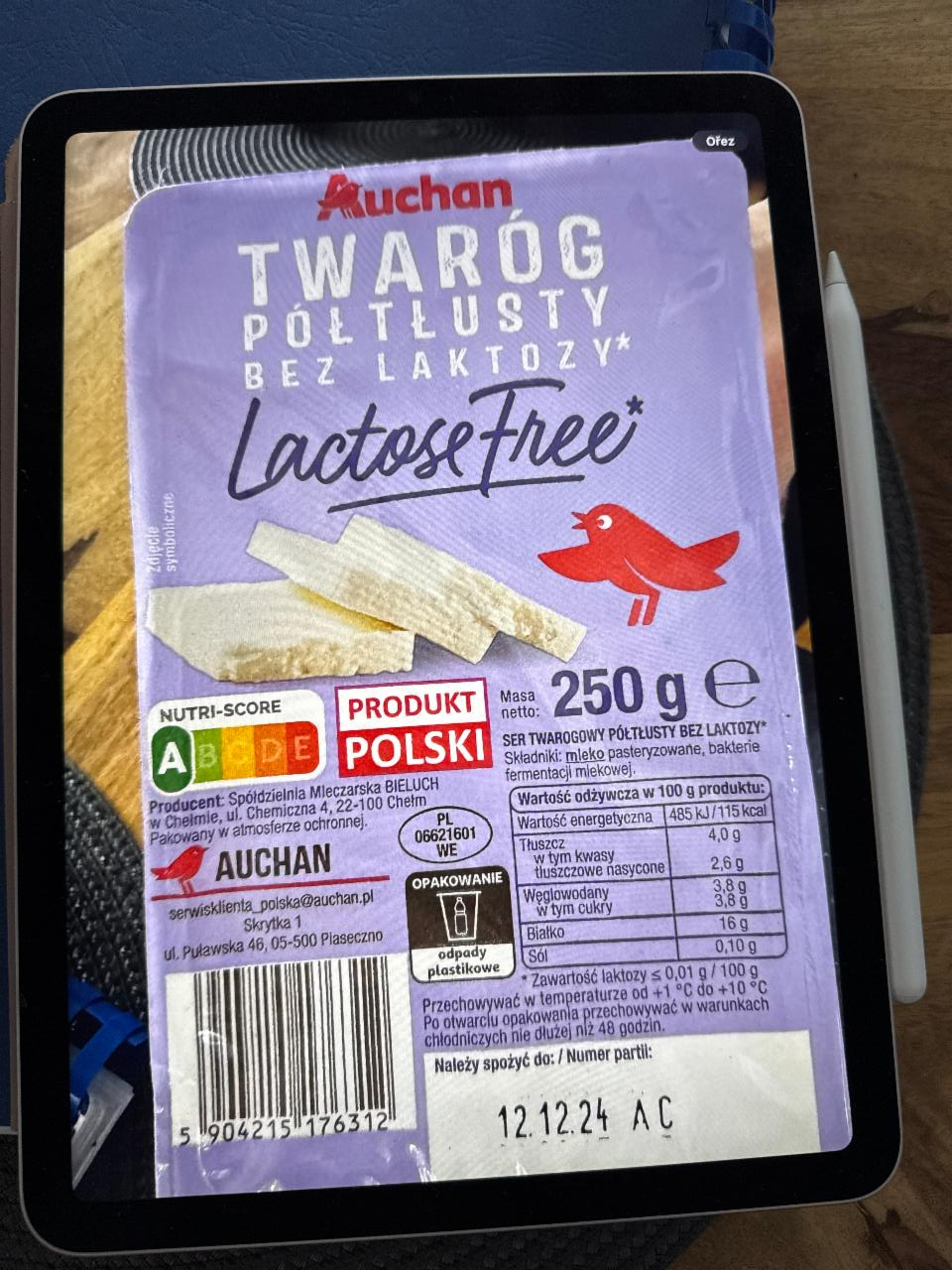 Fotografie - Twaróg połtlusty bez laktozy Auchan