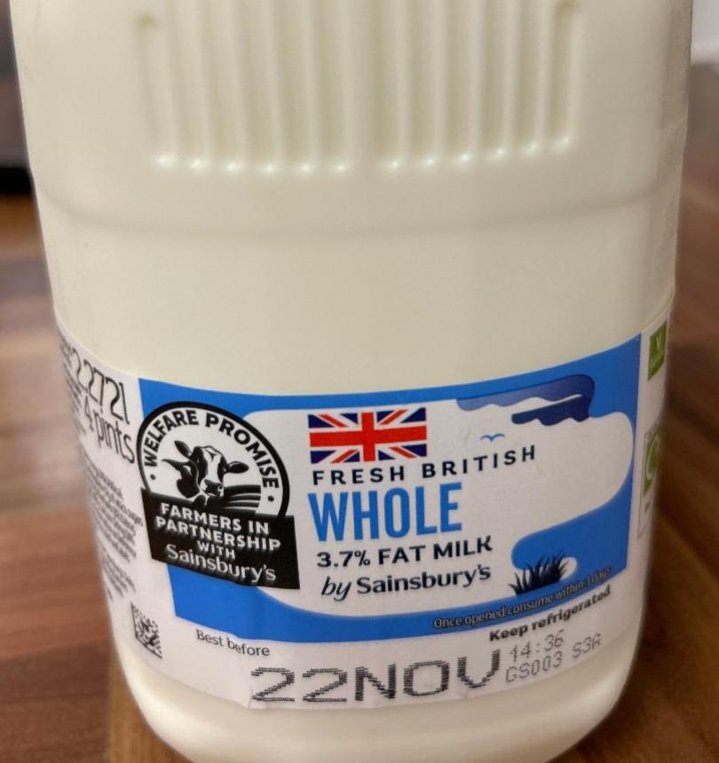 Fotografie - Whole 3,7% Fat Milk by Sainsbury's