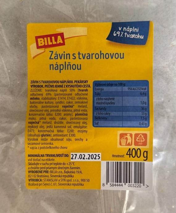 Fotografie - Závin s tvarohovou náplňou 69% tvarohu Billa