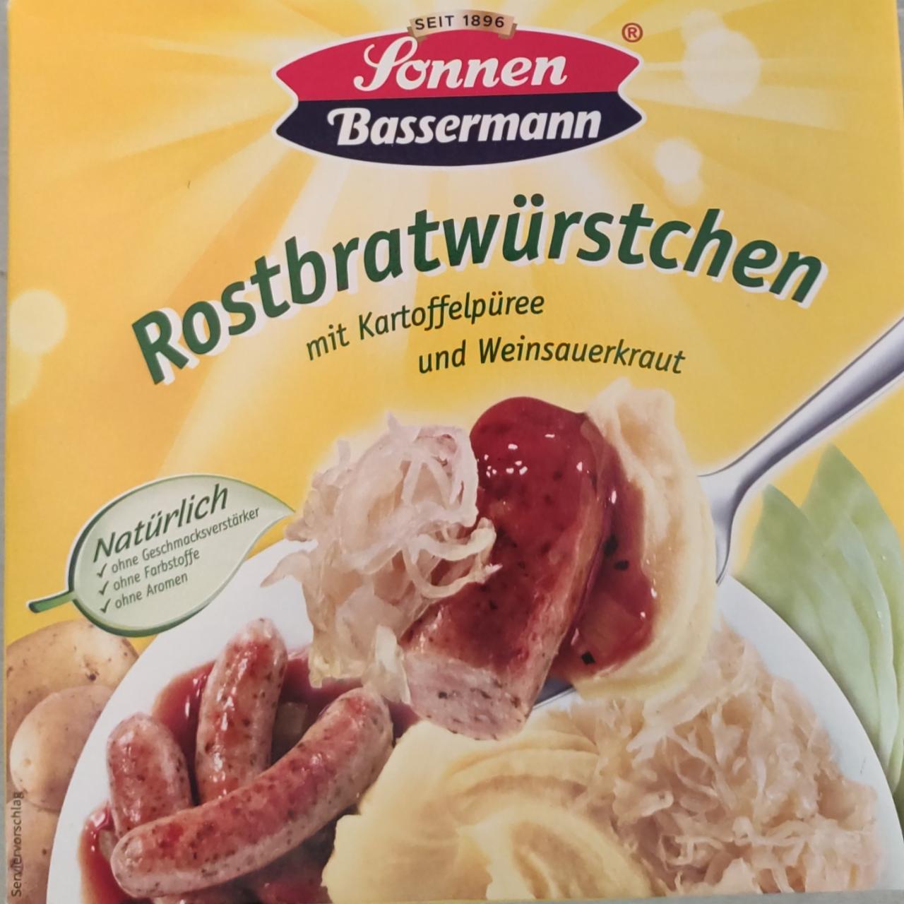 Fotografie - Rostbratwürstchen mit Kartoffelpüree und Weinsauerkraut Sonnen Bassermann