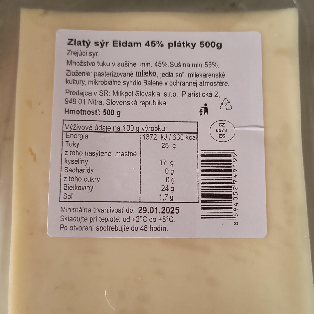 Fotografie - Zlatý sýr Eidam 45% plátky 500g Milkpol